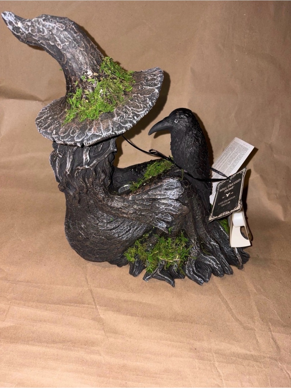 Halloween Mossy Tree Witch with crow Light Up Figurine Raven Decor Viral